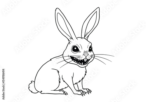 Scary rabbit drawing. It is a black and white outline image of a scary rabbit, a menacing creature with sharp teeth and an evil, frightening expression. Vector sketch line art draw.