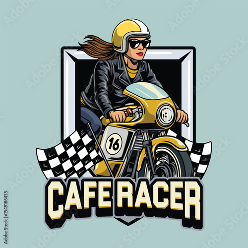 A Beautiful woman wearing open face crash helmet and sunglasses riding a yellow retro cafe racer motorcycle emblem cartoon illustration