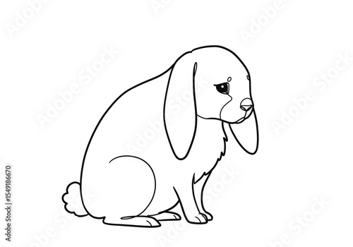 Sad bunny drawing. It is a black and white outline image of a sad bunny, a cute rabbit with a drooping expression, conveying unhappiness. Vector sketch line art draw.