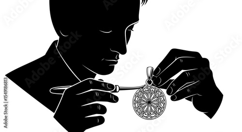 Skilled Silversmith Carving Filigree Into Pendant Jewelry Craft