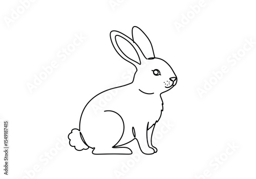 Bunny Easter drawing. It is a black and white outline image of a bunny, a charming rabbit often associated with Easter, sitting patiently. Vector sketch line art draw.