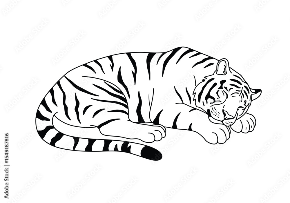 Naklejka premium Sleeping tiger drawing. It is a black and white outline image of a tiger peacefully sleeping or resting, showcasing its relaxed form with stripes. Vector sketch line art draw.