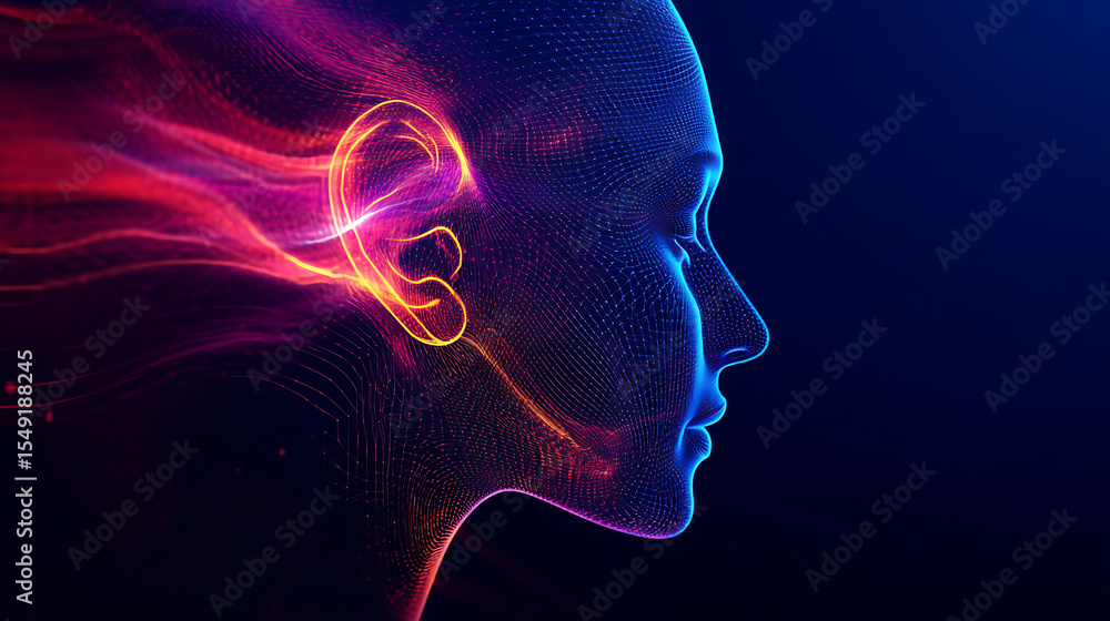 Obraz premium Digital Artwork of a Human Profile with Vibrant, Flowing Light Effects