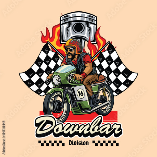 A Bearded Man wearing open face crash helmet and sunglasses riding a green retro cafe racer motorcycle, badge emblem cartoon illustration