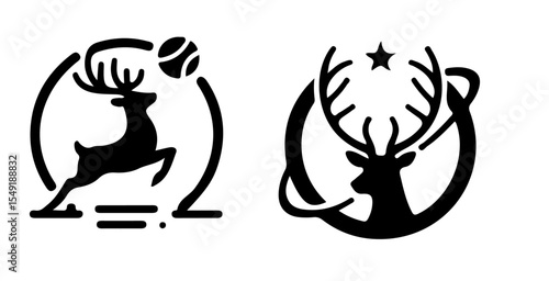 Two black and white logos featuring deer one with a ball and the other with a star and hockey stick shape