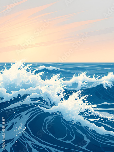 Coastal scenery featuring spindrift in a dynamic ocean setting, coastal scenery with ocean spindrift in motion. Sundrift. Illustration