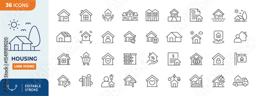 Housing line editable icon set. Contain icons related to housing, house, real estate, home, and more. Editable stroke. Vector illustration