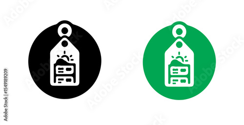 Two circular icons featuring a building with a sunrise design in black and green color variations shown