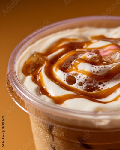 Close-up of caramel iced latte in a transparent cup showcasing swirling coffee texture blending with creamy milk, condensation droplets on the glass surface, commercial product photography