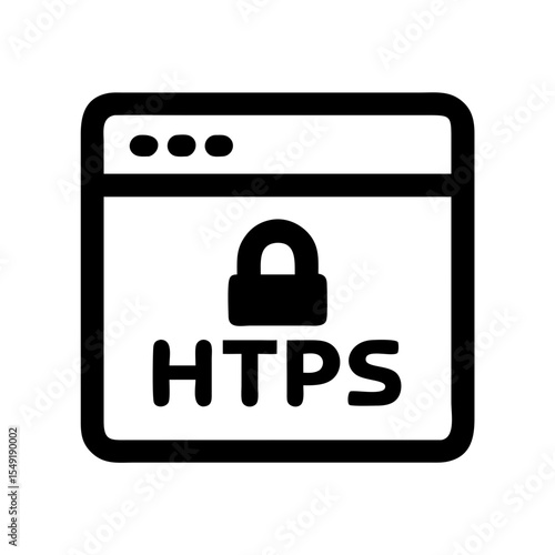 Black and white icon of a web browser window with a padlock and HTTPS text, representing secure internet browsing and encryption.
