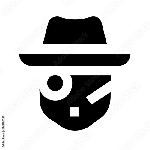 Black and white icon of a spy face with hat and monocle, symbolizing hacking, secrecy, or undercover digital activity.
