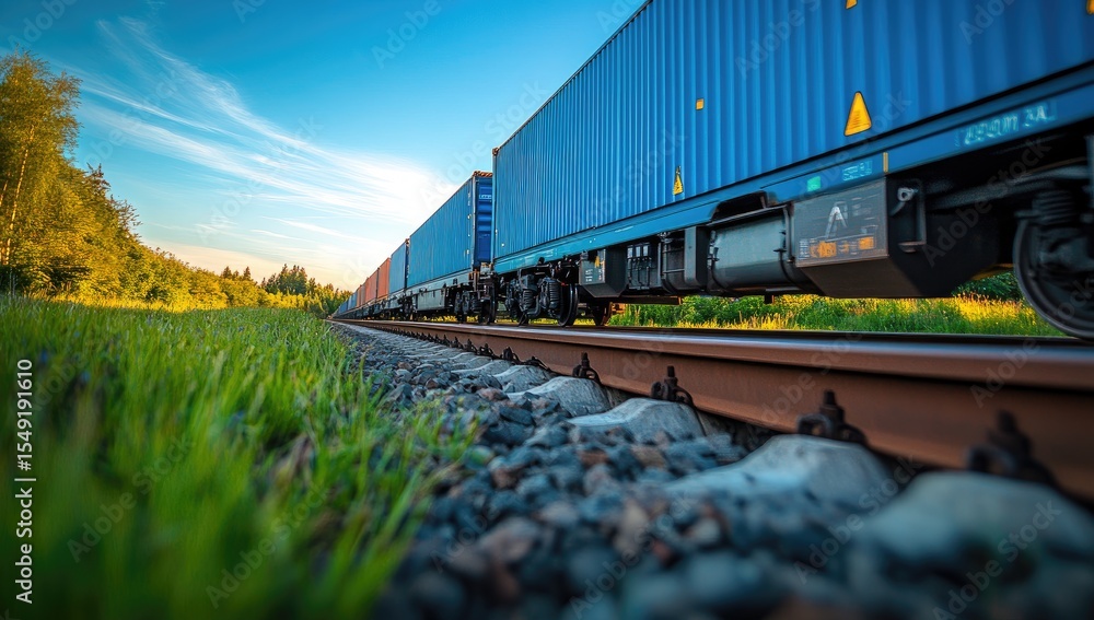 Fototapeta premium Freight train passing through a grassy landscape