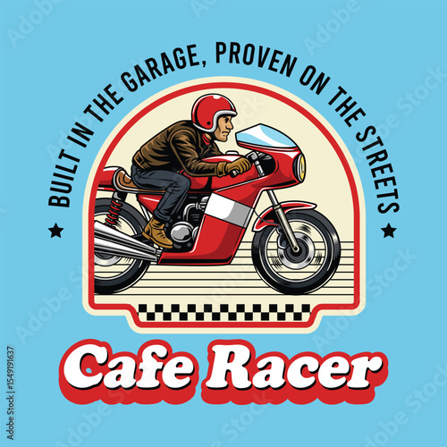 Masculine Man wearing open face crash helmet riding a red retro cafe racer motorcycle from side view emblem cartoon illustration