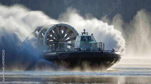 A dynamic shot of a hovercraft in motion with the propulsion fan operating at full power generating a visible plume of air and mist illustrating the force and efficiency of its design