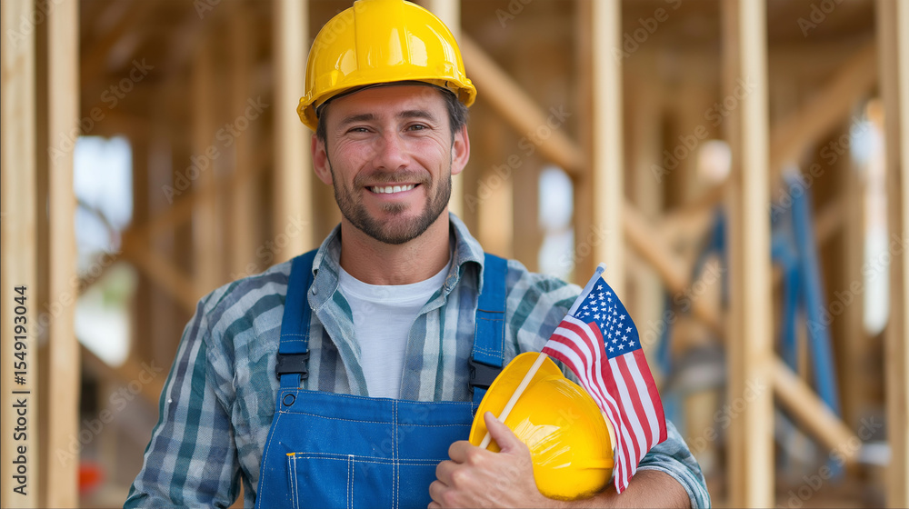 Construction worker in construction site: A confident construction worker stands proudly amidst a construction site, clutching a hard hat and a small American flag, smiling at the camera. Construction worker in construction site: A confident construction worker stands proudly amidst a construction site, clutching a hard hat and a small American flag, smiling at the camera.