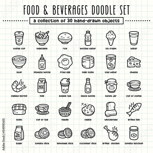 Food and beverages hand-drawn doodle art illustrations and elements. felt-tip pen marker style on grid paper, great for various creative design uses.