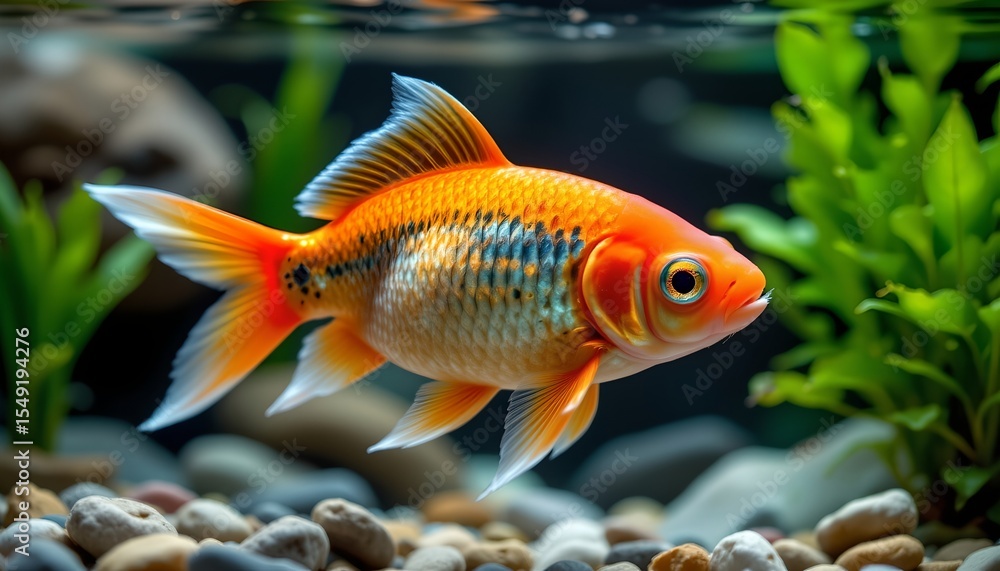 an orange goldfish swimming in an aquarium, surrounded by rocks and pebbles. an orange goldfish swimming in an aquarium, surrounded by rocks and pebbles.
