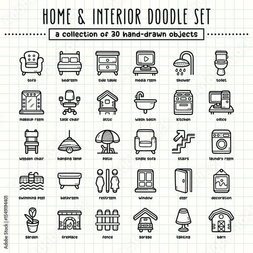 Home and interior hand-drawn doodle art illustrations and elements. felt-tip pen marker style on grid paper, great for various creative design uses.