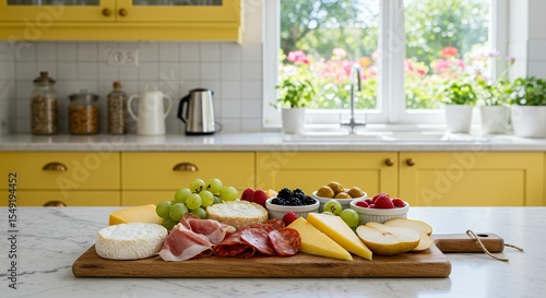 Delightful Charcuterie Board with Cheeses, Fruits, and Meats, Beautifully Presented on a Rustic Wooden Platter in a Sunny Kitchen.