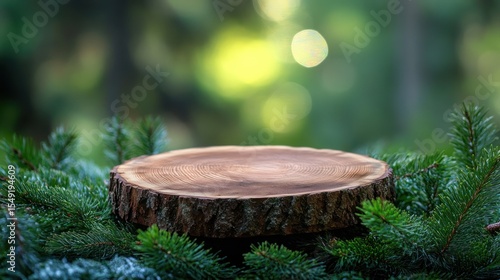 Wooden slice display, forest backdrop, product showcase, nature scene