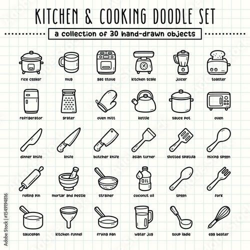 Kitchen and cooking hand-drawn doodle art illustrations and elements. felt-tip pen marker style on grid paper, great for various creative design uses.