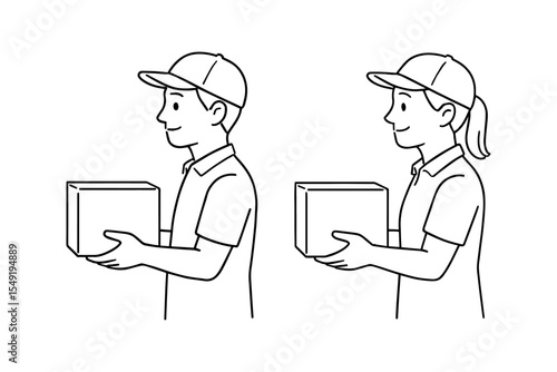 Delivery man and woman holding cardboard box in profile view, wearing uniform and cap, flat vector style, logistics concept hand drawn vector illustration