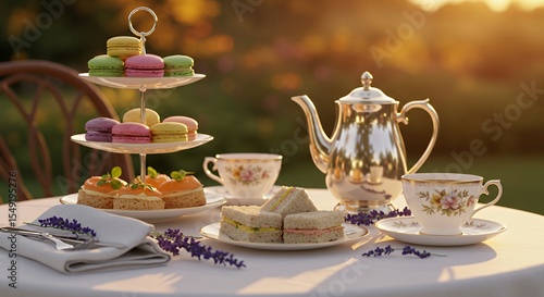 Golden Hour Elegance: A Delightful Afternoon Tea Set in a Serene Garden Setting