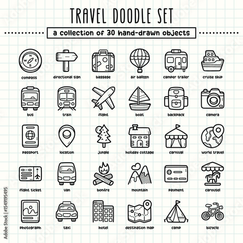 Travel hand-drawn doodle art illustrations and elements. felt-tip pen marker style on grid paper, great for various creative design uses.