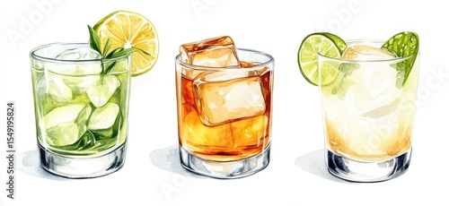 Three illustrated cocktails in glasses