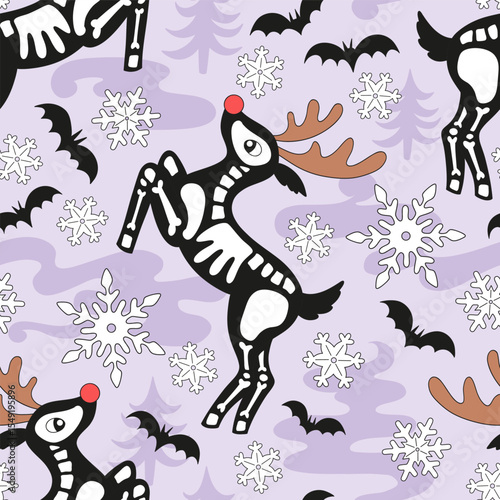 Creepy Cute Skeleton Reindeer Christmas and Halloween mix vector seamless pattern with Bats and Snowflakes in Retro Line Art Style. Great for unique holiday designs, gothic wrapping paper, spooky