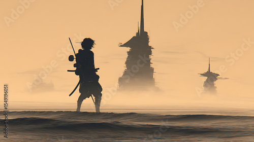 Wanderer looks at dystopian ocean city