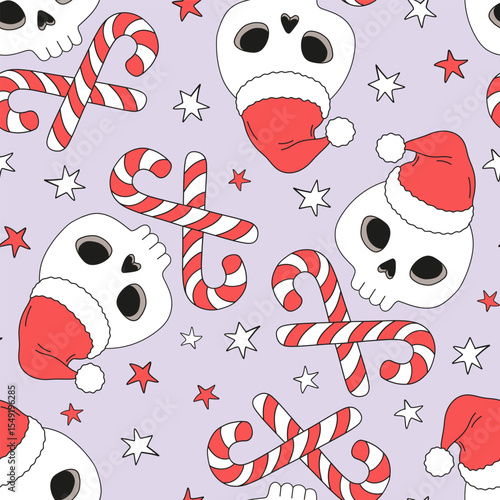 Retro Whimsical Jolly Roger Skeleton Skull in Santa hat with Crossed Candy Canes as bones Halloween Christmas mix vector Seamless Pattern. Perfect for holiday wrapping paper, gothic festive apparel