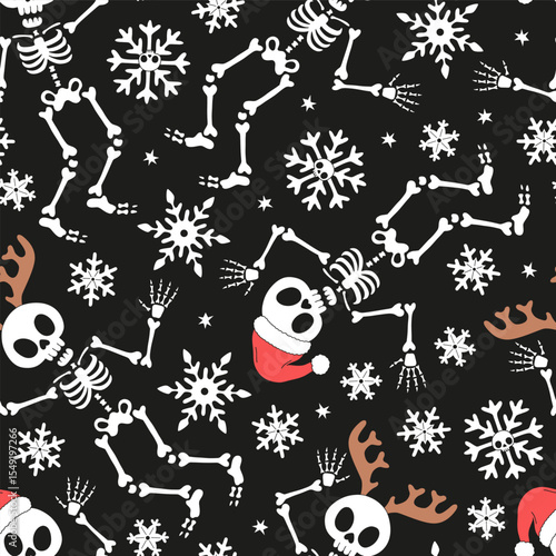 Retro Groovy Dancing Skeletons in Santa Hats and Reindeer Antlers with Skull Snowflakes Halloween Christmas mix vector Seamless Pattern. Perfect for alternative holiday wrapping paper, spooky seasonal