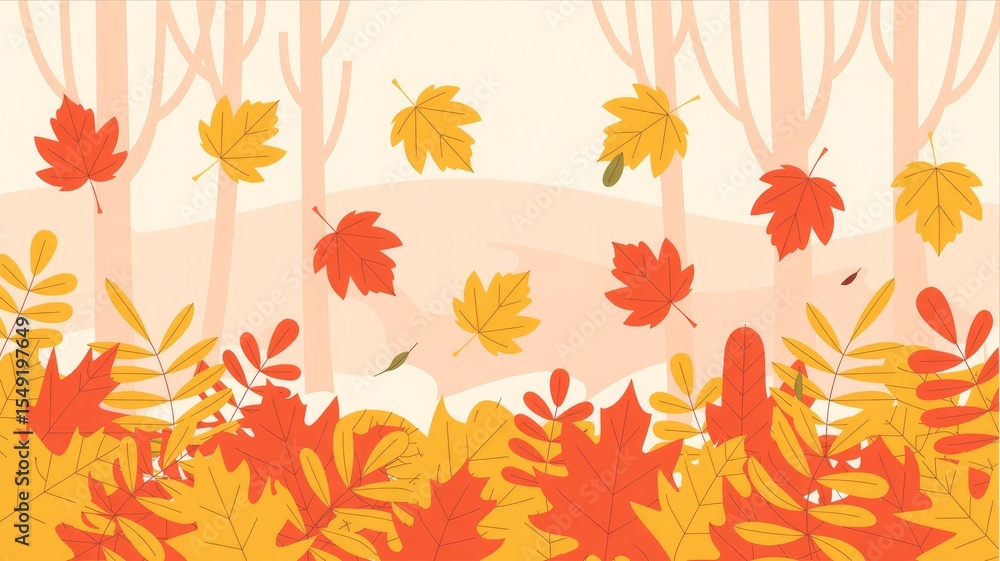 Fototapeta premium Falling orange and yellow leaves over blurred forest background, soft light and cozy tones, Autumn leaves in the forest