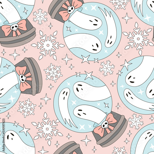 Retro Spooky Christmas and Halloween Mashup vector seamless Pattern featuring Snowglobe with Classic White Sheet Ghosts Inside. Perfect for alternative holiday decor, creepy cute wrapping paper