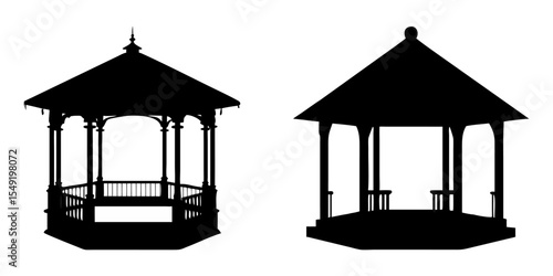 Set of gazebos full black silhouette vector illustration design
