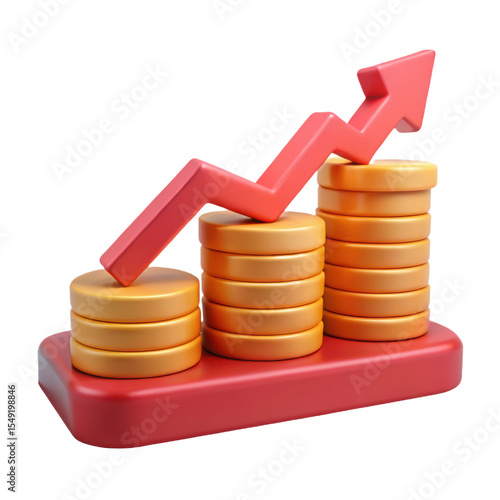 3d render of growing stacks of coins with red arrow upward isolated on transparent background