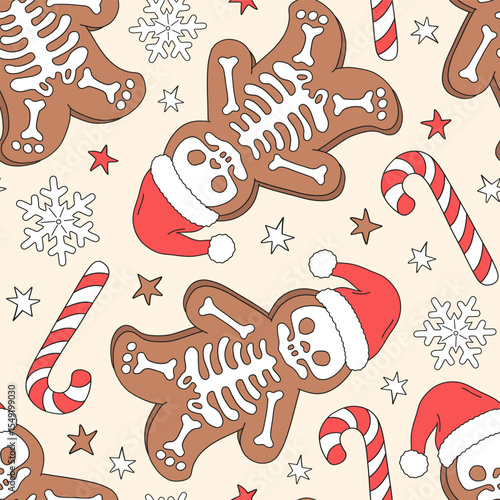 Whimsical Spooky Skeleton Gingerbread Men in Santa Hat, Candy Canes, and Snowflakes Halloween Christmas fusion vector Seamless Pattern. Great for unique holiday textiles, spooky wrapping paper