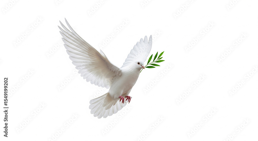 Obraz premium Dove with Olive Branch in Flight symbolizes peace and hope against a white backdrop, serene image.