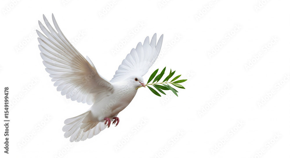 Obraz premium A pristine white dove soars with outstretched wings carrying an olive branch in its beak