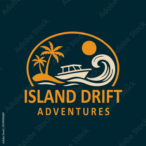 Island Drift Adventures Logo: Palm Trees, Boat, Wave, and Sun in a Retro Style