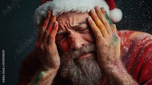 A whimsical portrayal of Santa Claus overwhelmed with colorful flour, showcasing a light-hearted and humorous take on holiday festivities and emotions.