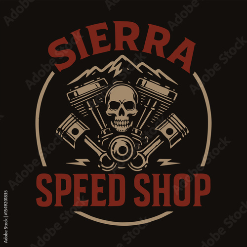 Sierra Speed Shop Motorcycle Skull  Engine Logo Design