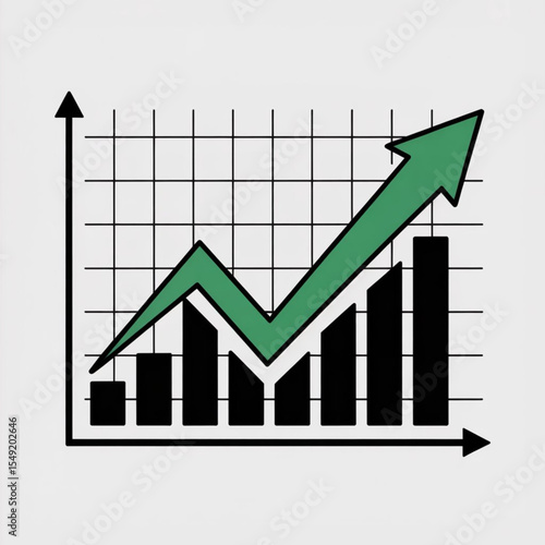 Green arrow and bar chart showing upward trend and financial growth