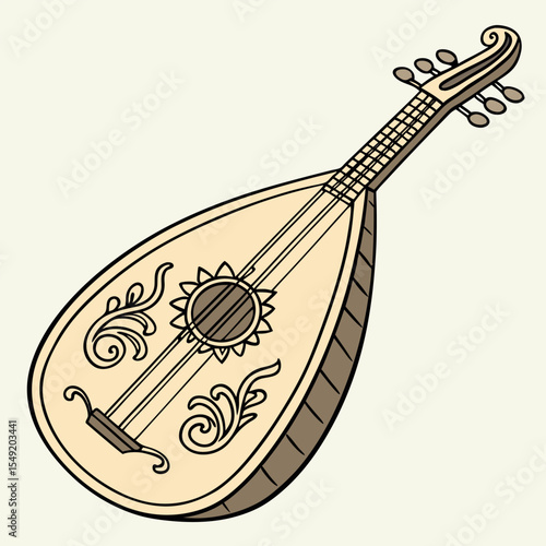 Cartoon Mandolin Illustration with Intricate Floral Designs A Musical Instrument with Strings and Sound Hole for Melodic Music