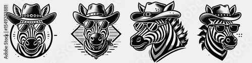 Zebra. Cowboy Western American Cartoon Animal Clipart Line Art Vector Illustration. Striped equine relation an african fauna living creature and mammal type.