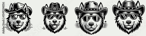 Siberian Husky Dog. Cowboy Western American Cartoon Animal Clipart Line Art Vector Illustration. Fluffy canine from siberia a domestic pet and family companion.