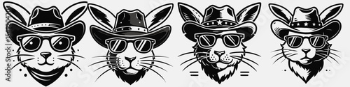 Rabbit. Cowboy Western American Cartoon Animal Clipart Line Art Vector Illustration. Bunny kind mammal pet rodent hare breed domestic friend creature.