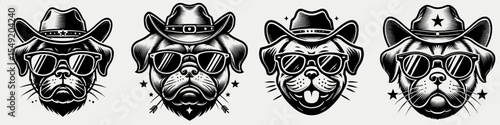 Pug Dog. Cowboy Western American Cartoon Animal Clipart Line Art Vector Illustration. Short muzzle canine breed care attribute trait of a wrinkly face pet.