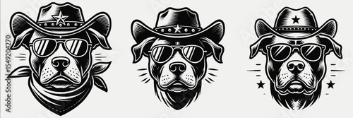 Pittbulls Dog. Cowboy Western American Cartoon Animal Clipart Line Art Vector Illustration. Canine breed profile detail about strong bully variety.